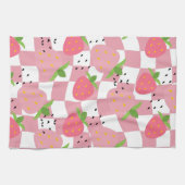 Koele Roze Keuken Aardbeien Geruit Ontwerp Theedoek (Horizontaal)