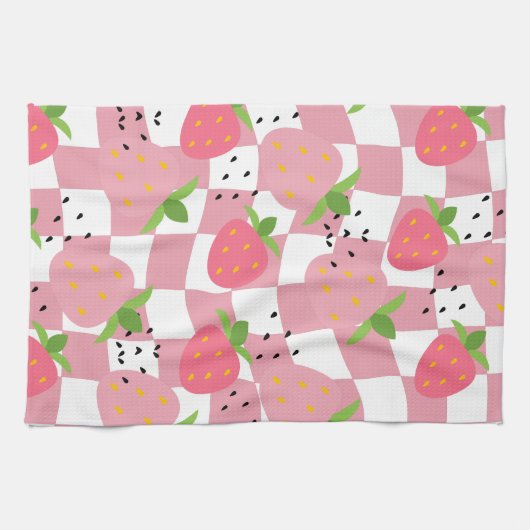 Koele Roze Keuken Aardbeien Geruit Ontwerp Theedoek (Horizontaal)