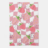 Koele Roze Keuken Aardbeien Geruit Ontwerp Theedoek (Verticaal)