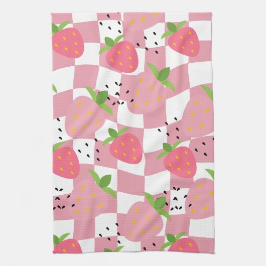 Koele Roze Keuken Aardbeien Geruit Ontwerp Theedoek (Verticaal)