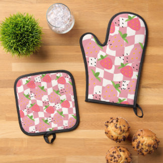 Koele Roze Keuken Aardbeien Geruite Ontwerp Ovenwant & Pannenlap Set