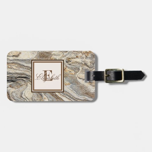 Koele trendy marmer textuur, met monogram-personal bagagelabel (Voorkant horizontaal)