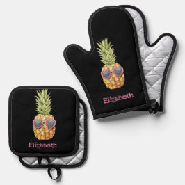Koele Tropische Ananas, Zwarte Autovloermat Ovenwant & Pannenlap Set