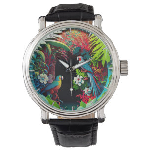 Koele Tropische Papegaaien Regenwoud Kunst Horloge