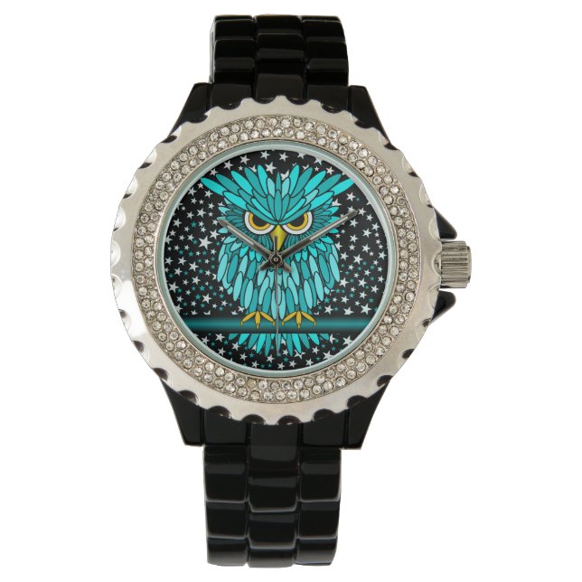 Koele turquoise uil horloge (Voorkant)