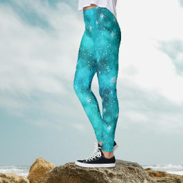 Koele Turquoise Winter Sneeuwpatroon Waterverf Leggings