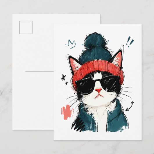 Koele Tuxedo Kat met Muts & Zonnebril Briefkaart (Voorkant / Achterkant)