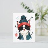 Koele Tuxedo Kat met Muts & Zonnebril Briefkaart (Staand voorkant)