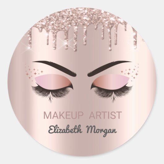 Koele valse wimpers, roze gouden druppels, make-up ronde sticker (Voorkant)