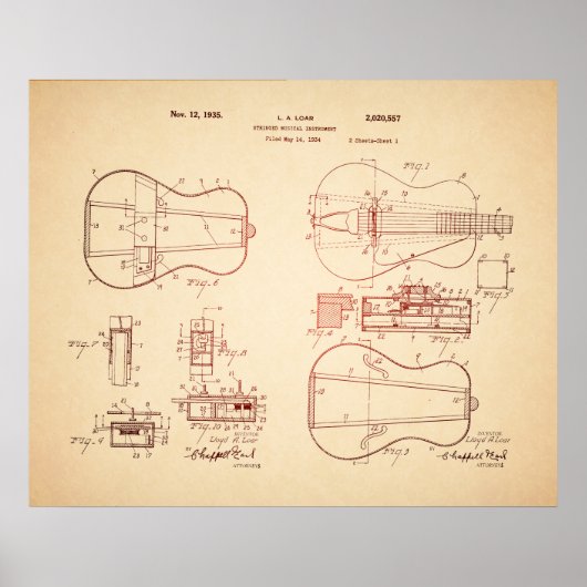 Koele vintage akoestische gitaar octrooi kunst poster (Voorkant)