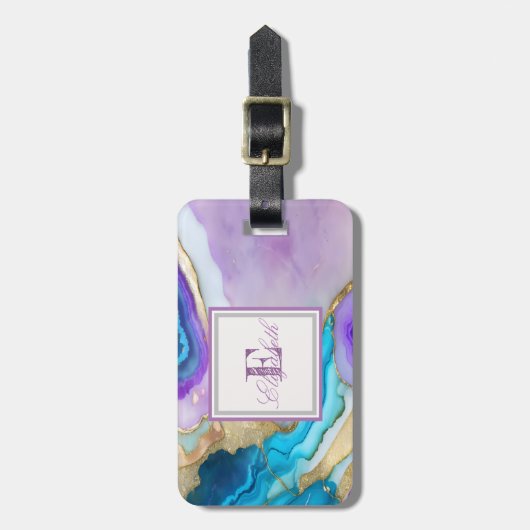 Koele Violet Blauw Marmeren Textuur, Monogram Bagagelabel (Voorkant verticaal)
