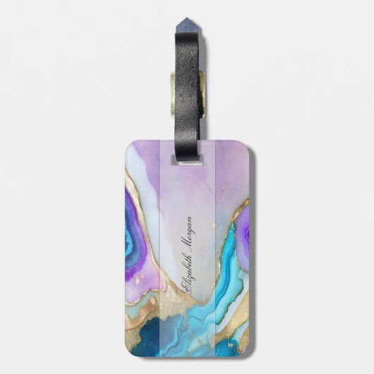 Koele Violet Blauw Marmeren Textuur, Monogram Bagagelabel (Achterkant verticaal)