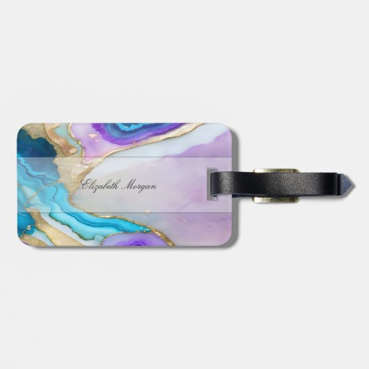 Koele Violet Blauw Marmeren Textuur, Monogram Bagagelabel (Achterkant horizontaal)