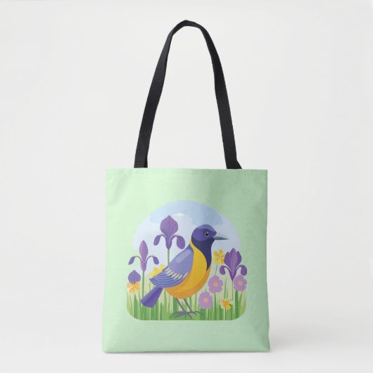 Koele vogel in het veld van iris bloemen tote bag (Voorkant)