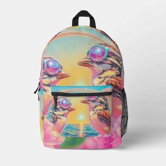Koele vogels met zonnebril bij zonsondergang bedrukte rugzak (Voorkant)
