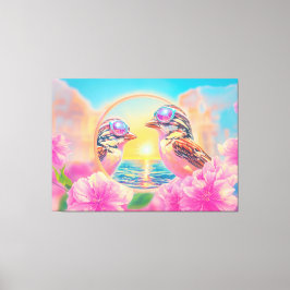 Koele vogels met zonnebril bij zonsondergang canvas afdruk