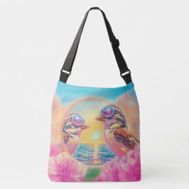 Koele vogels met zonnebril bij zonsondergang crossbody tas