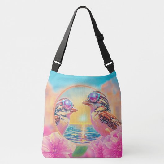 Koele vogels met zonnebril bij zonsondergang crossbody tas (Voorkant)