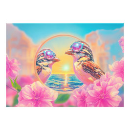 Koele vogels met zonnebril bij zonsondergang foto afdruk