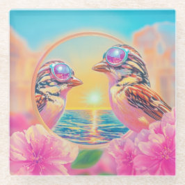 Koele vogels met zonnebril bij zonsondergang glazen onderzetter