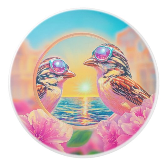 Koele vogels met zonnebril bij zonsondergang keramische knop (Voorkant)