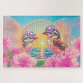 Koele vogels met zonnebril bij zonsondergang legpuzzel (Horizontaal)