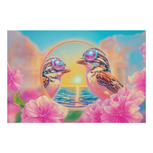 Koele vogels met zonnebril bij zonsondergang perfect poster