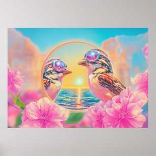 Koele vogels met zonnebril bij zonsondergang poster