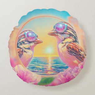 Koele vogels met zonnebril bij zonsondergang rond kussen