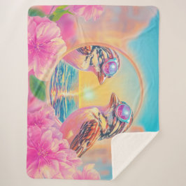 Koele vogels met zonnebril bij zonsondergang sherpa deken