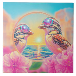 Koele vogels met zonnebril bij zonsondergang tegeltje