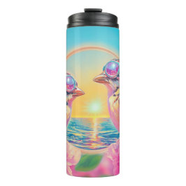 Koele vogels met zonnebril bij zonsondergang thermosbeker