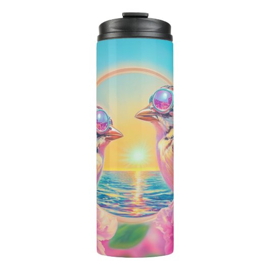 Koele vogels met zonnebril bij zonsondergang thermosbeker (Voorkant)
