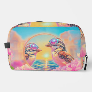 Koele vogels met zonnebril bij zonsondergang toilettasje