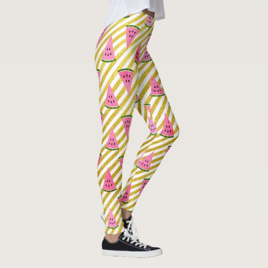 Koele Watermeloen en Gele Streep Zomer Patroon Leggings (Rechts)