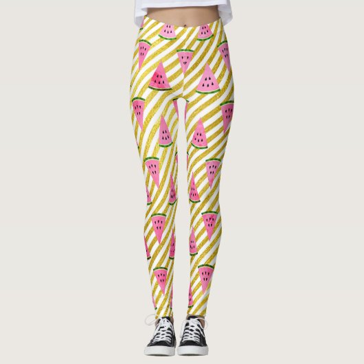 Koele Watermeloen en Gele Streep Zomer Patroon Leggings (Voorkant)