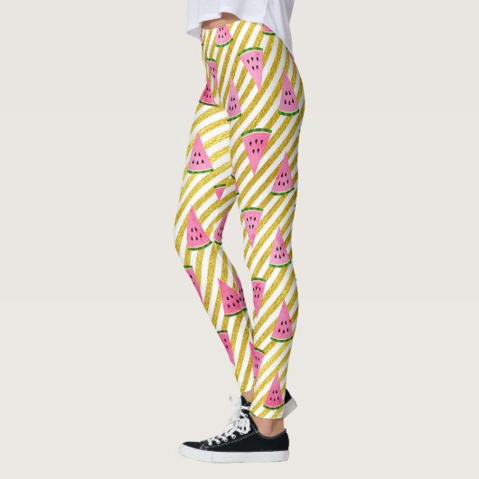 Koele Watermeloen en Gele Streep Zomer Patroon Leggings (Links)