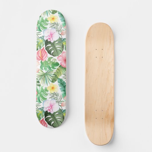 Koele Waterverf Kleurrijke Tropische Bloemenpatroo Persoonlijk Skateboard (Voorkant)