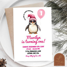 Koele Winter Roze Pinguïn Eerste Verjaardag Meisje