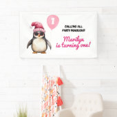 Koele Winter Roze Pinguïn Eerste Verjaardag Meisje Spandoek (Insitu)