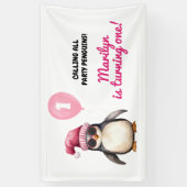 Koele Winter Roze Pinguïn Eerste Verjaardag Meisje Spandoek (Verticaal)