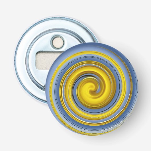 Koelgeel en blauw-spiraal button flesopener (Voorkant)