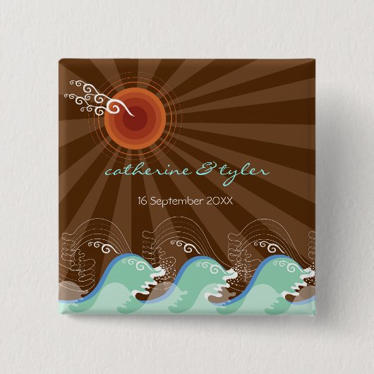 Koelgolven Brown Sun Tropical Beach Wedding Button (Voorkant)