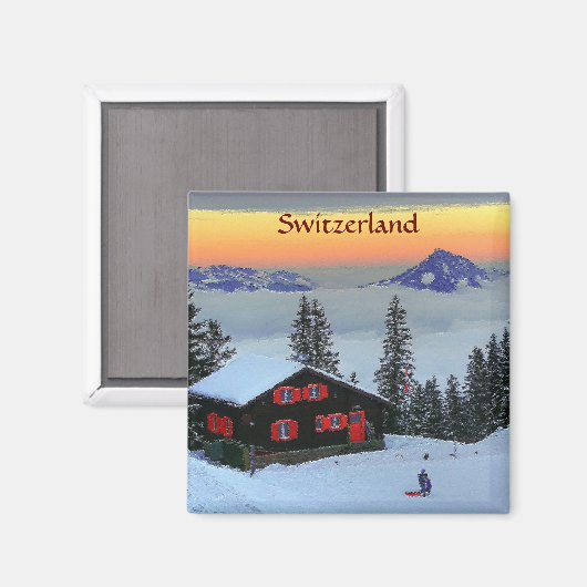 Koelkast Magnet Snowy Zwitserland bij zonsondergan (Voorkant / Achterkant)