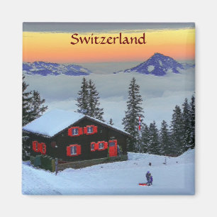 Koelkast Magnet Snowy Zwitserland tegen zonsonderg