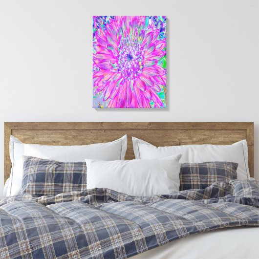 Koelroze, blauwe en Paarse Cactus Dahlia Explosion Canvas Afdruk (Insitu (Slaapkamer))