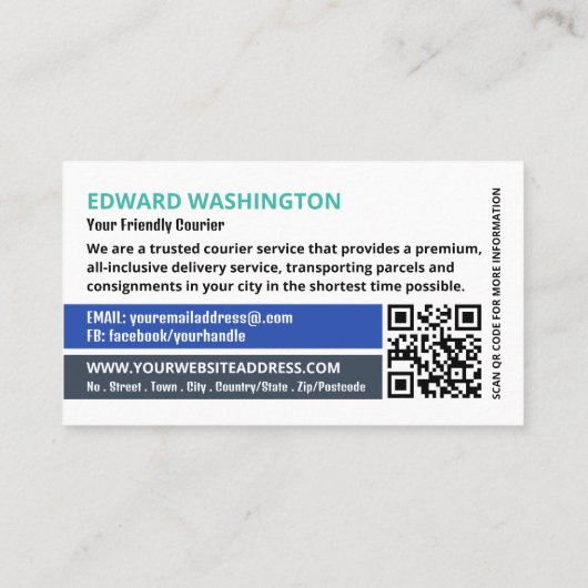Koerier levering kerel, koerier service visitekaartje (Achterkant)