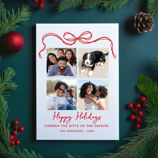 Koester de geschenken, boog, 4 foto collage gelukk feestdagenkaart