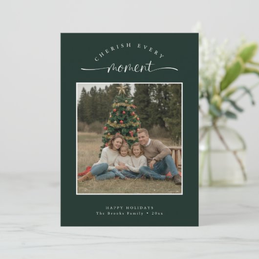 Koester elk moment eenvoudige familie kerstfoto feestdagenkaart (Staand voorkant)