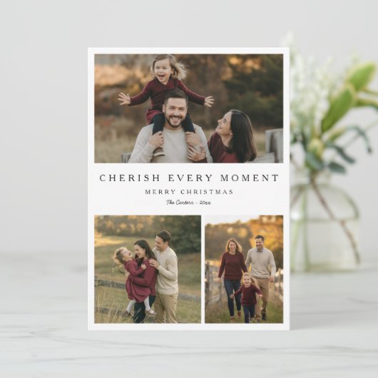 Koester elk moment Familie Kerstmis 3 Foto Feestdagenkaart (Staand voorkant)